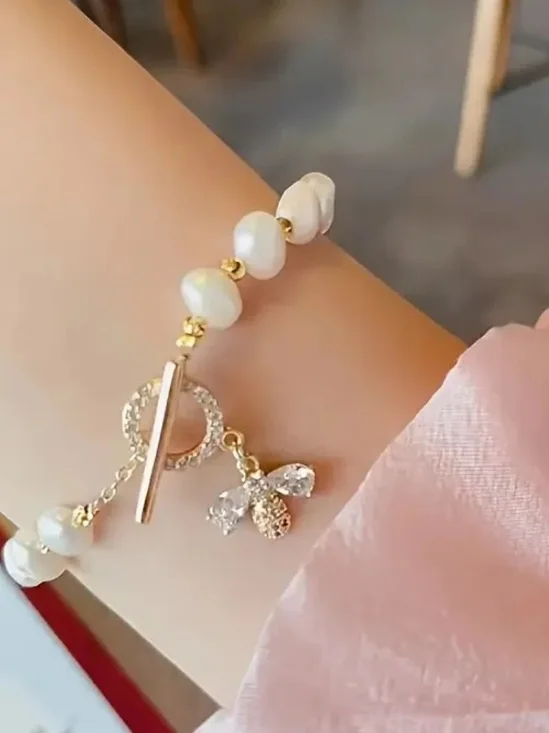 Elegant Gold & White Pearl Charm Bracelet - Women Jewelry - Picture 3 of 4